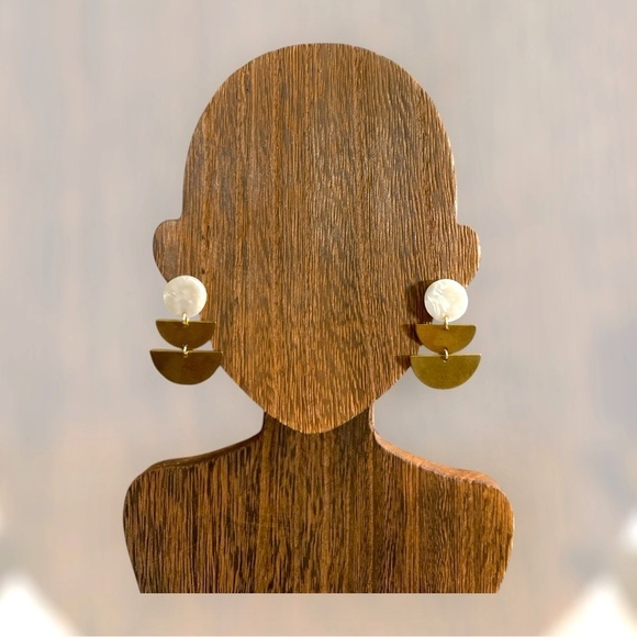 White and Brass Half Circle Earrings, White Jewelry, Modern Jewelry - Picture 2 of 7